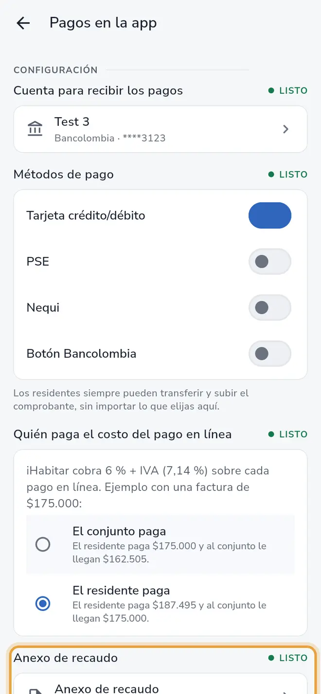 Pantalla Pagos en la app: el paso Anexo de recaudo está señalado