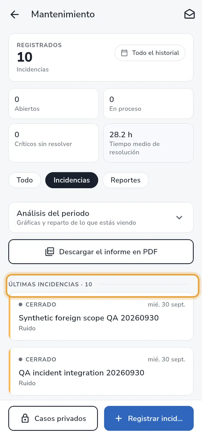 Pantalla Mantenimiento: la sección Últimas incidencias está señalada