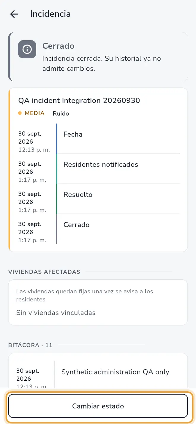 Detalle de una incidencia cerrada: el botón Cambiar estado está señalado en la parte inferior