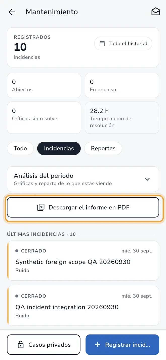 Pantalla Mantenimiento: el botón Descargar el informe en PDF está señalado