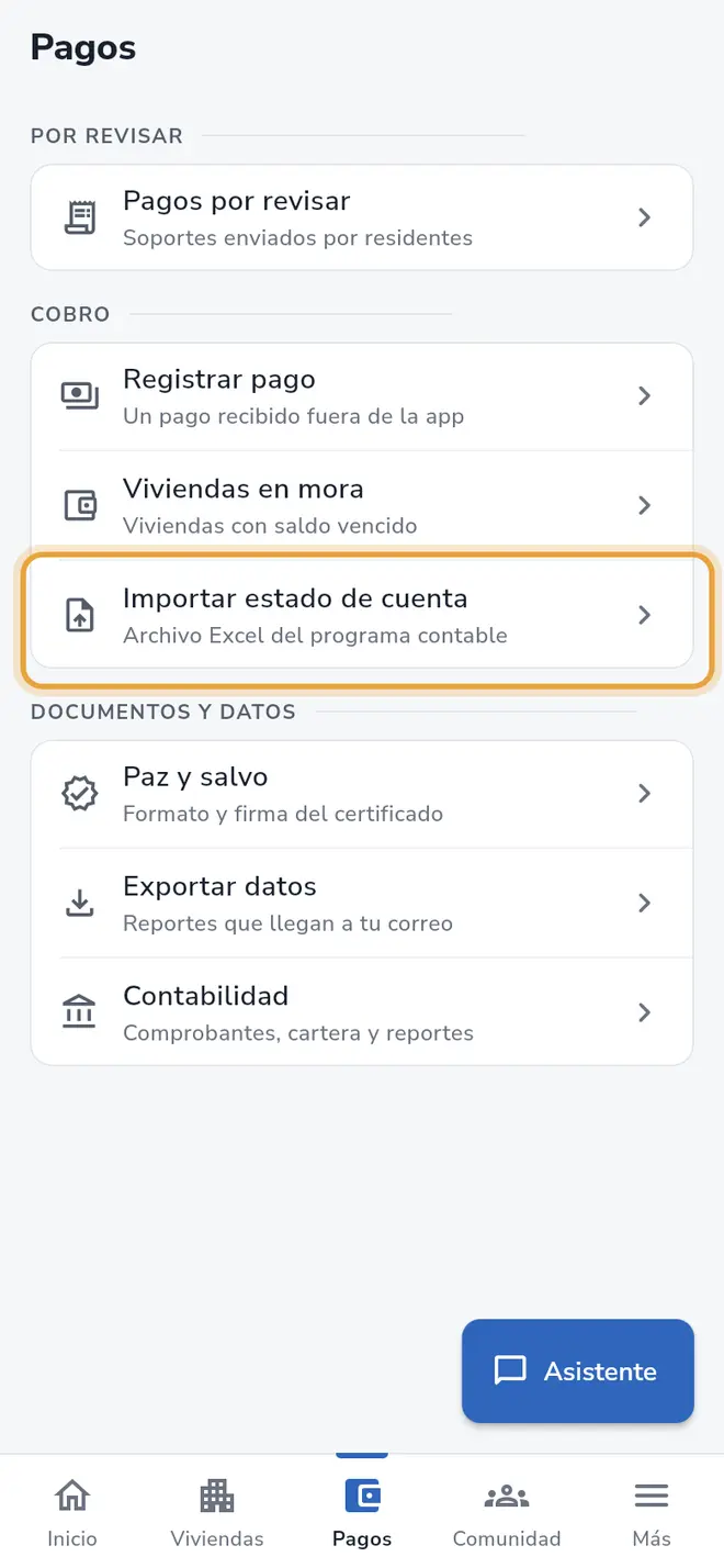 Pantalla Pagos: en el grupo Cobro, la fila Importar estado de cuenta está señalada