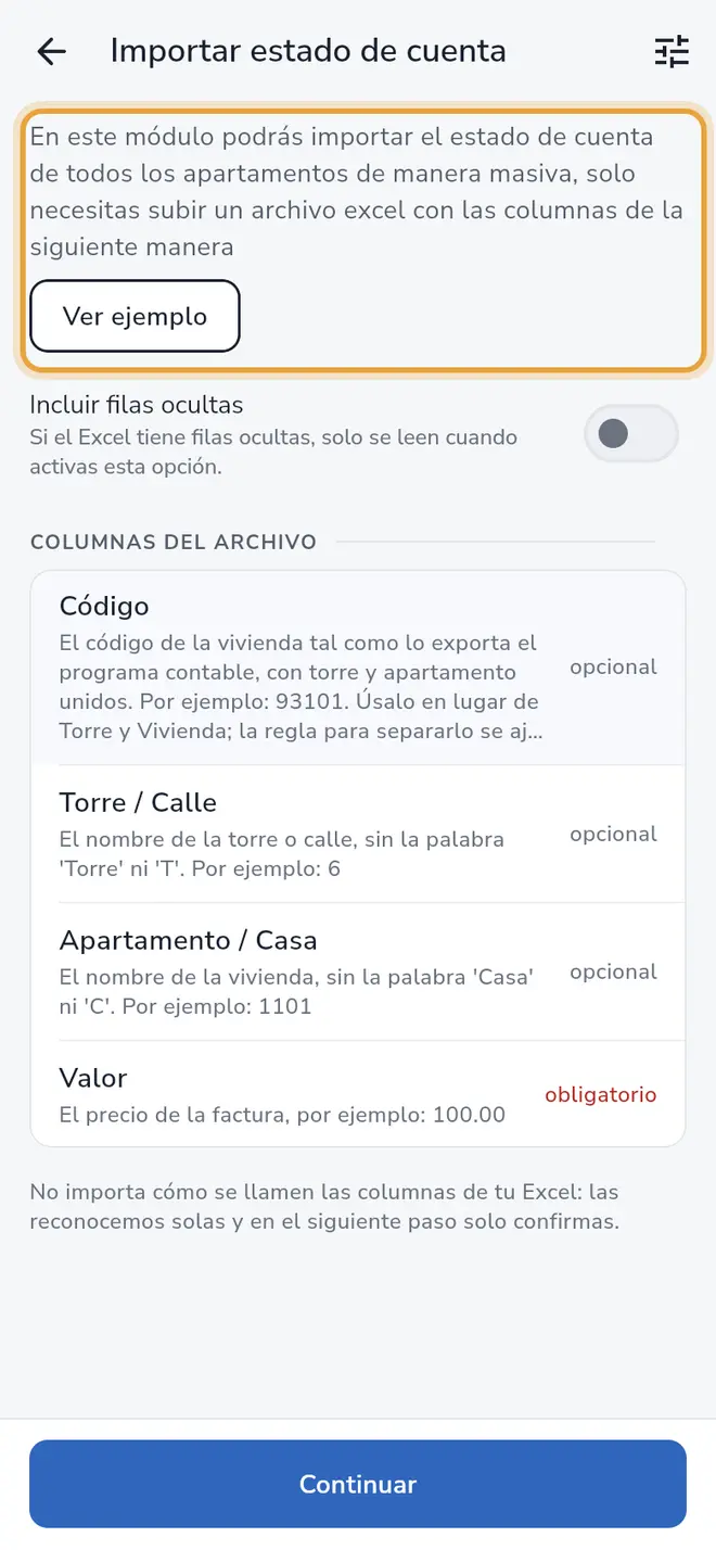 Pantalla Importar estado de cuenta: el botón Ver ejemplo está señalado, sobre la lista Columnas del archivo
