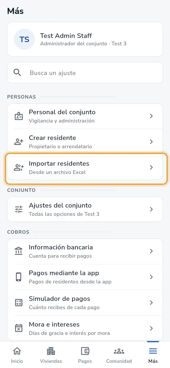 Pantalla Más: la fila Importar residentes está señalada