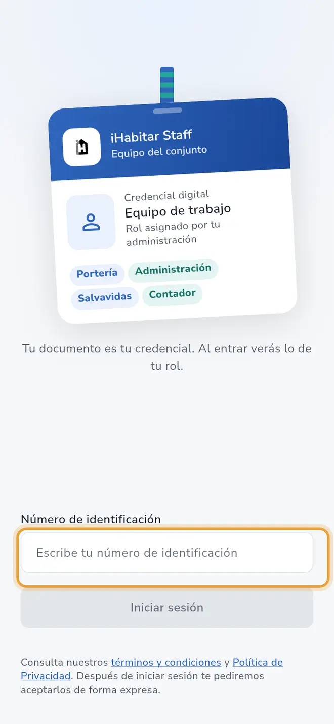 Pantalla de inicio de sesión: el campo Número de identificación está señalado