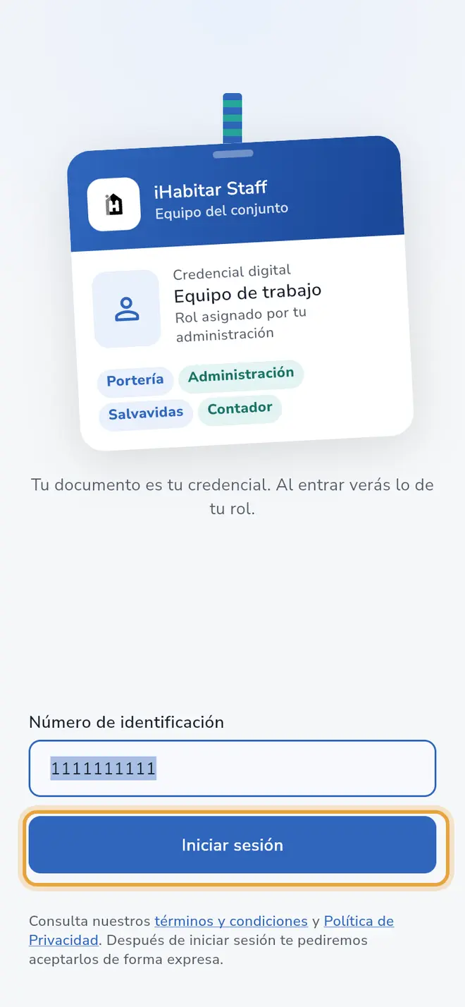 Pantalla de inicio de sesión: el botón Iniciar sesión está activo y señalado