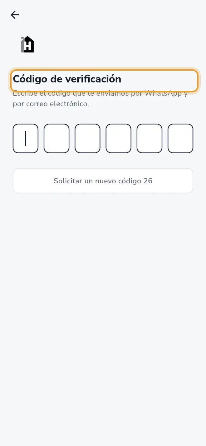 Pantalla Código de verificación con las seis casillas del código