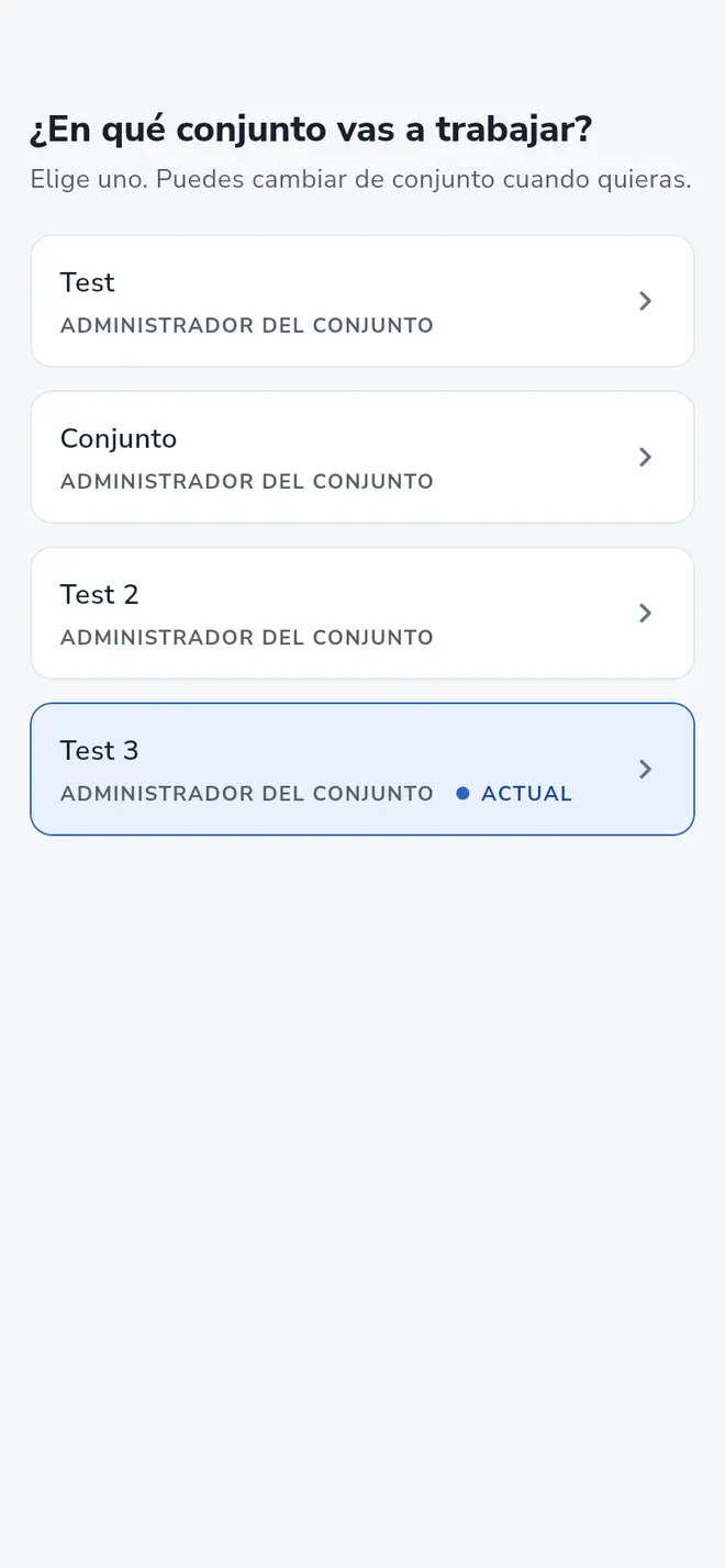 Pantalla ¿En qué conjunto vas a trabajar? con la lista de conjuntos