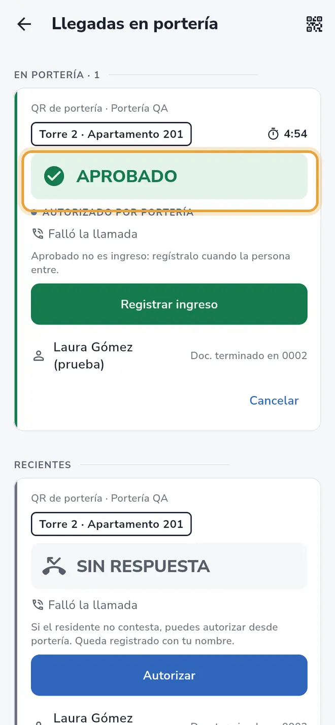 La misma tarjeta en Aprobado después de la autorización, con el resultado señalado