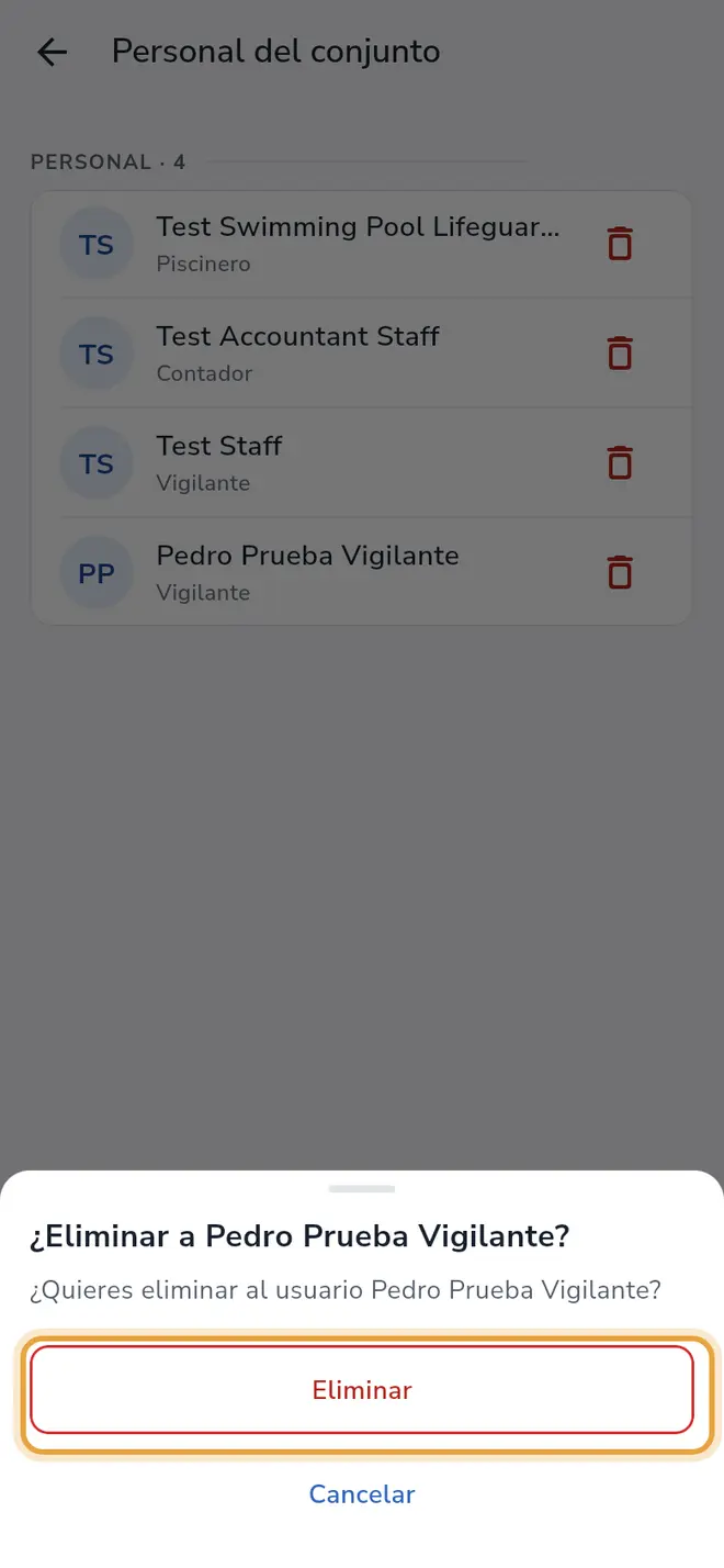 Aviso de confirmación: el botón Eliminar está señalado