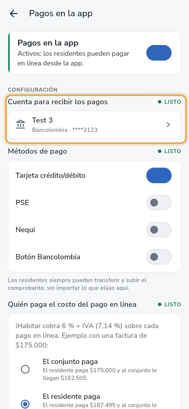 Pantalla Pagos en la app: el paso Cuenta para recibir los pagos está señalado