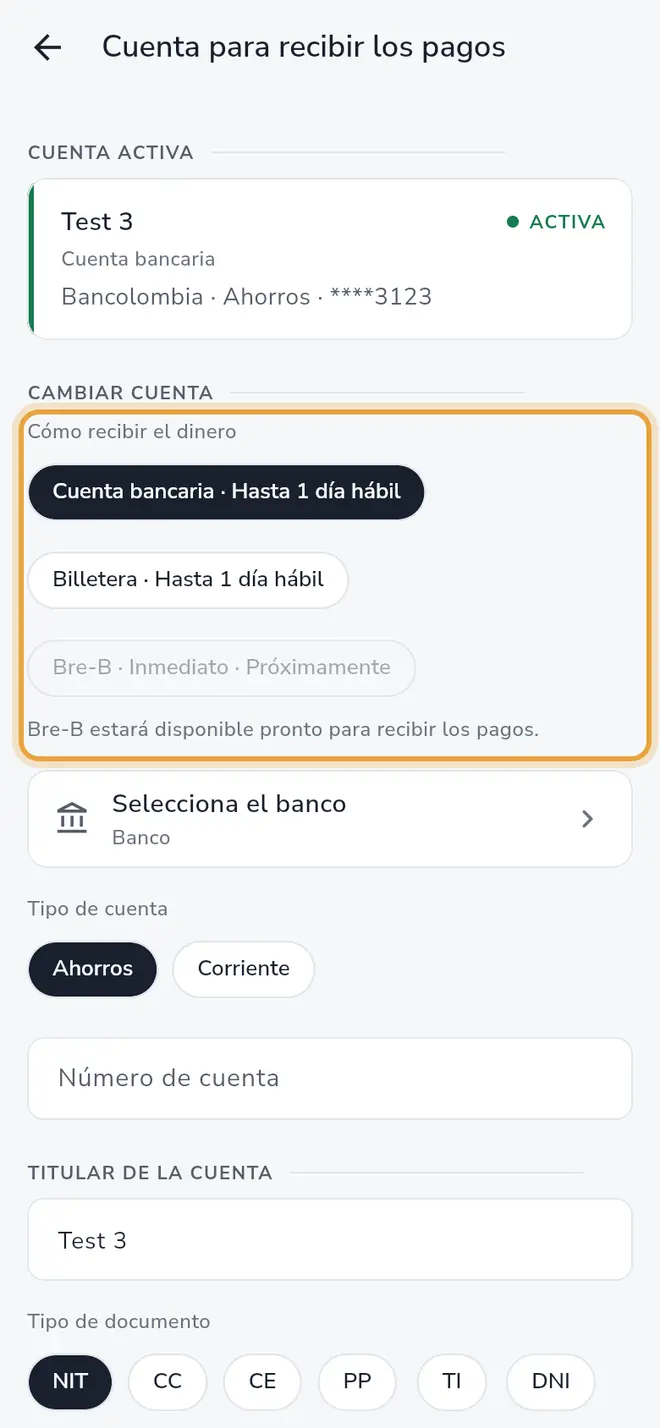 Pantalla Cuenta para recibir los pagos: la sección Cómo recibir el dinero con Cuenta bancaria, Billetera y Bre-B (Próximamente) está señalada