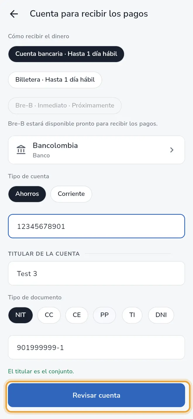 Formulario Cuenta para recibir los pagos con banco, tipo y número escritos: el botón Revisar cuenta está señalado