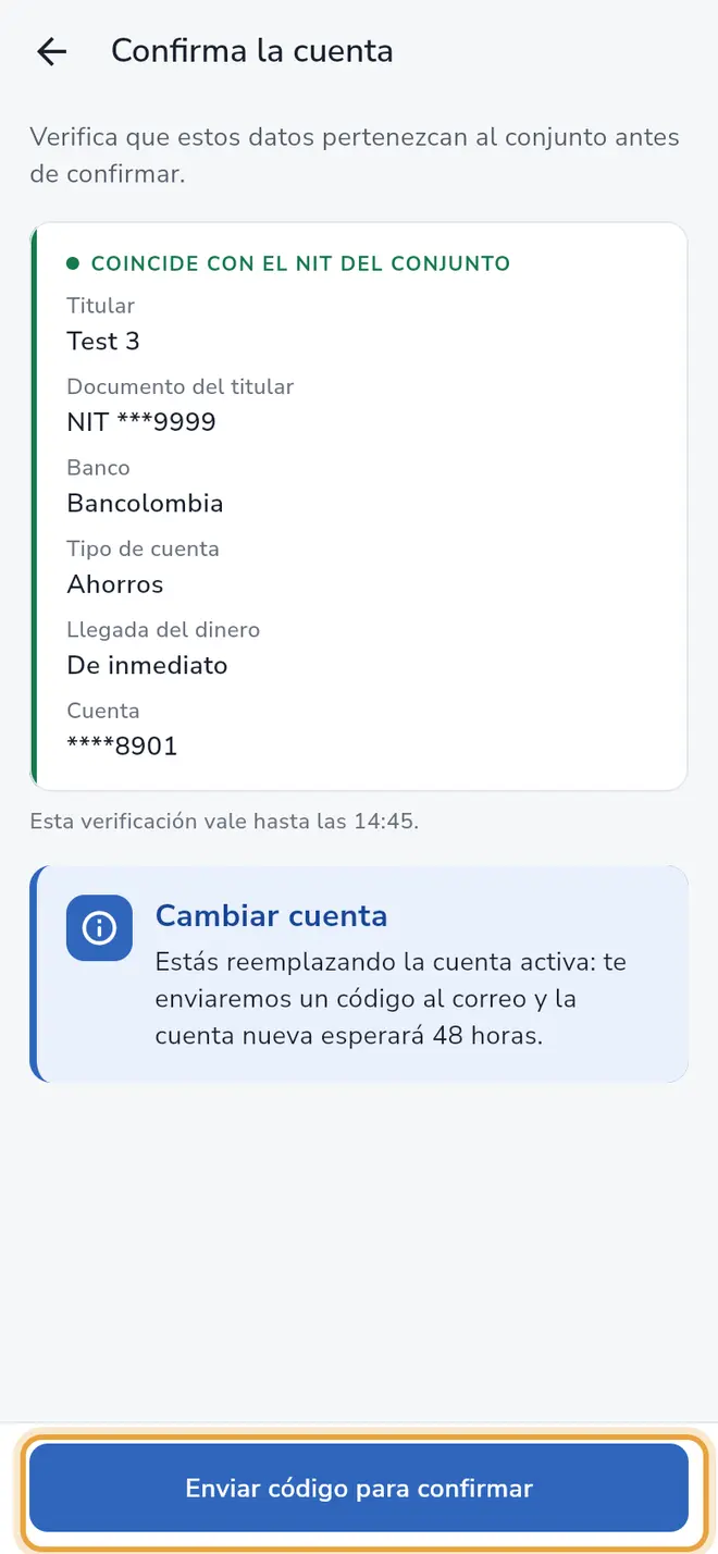 Pantalla Confirma la cuenta: se ve el resultado Coincide con el NIT del conjunto y el botón Enviar código para confirmar está señalado