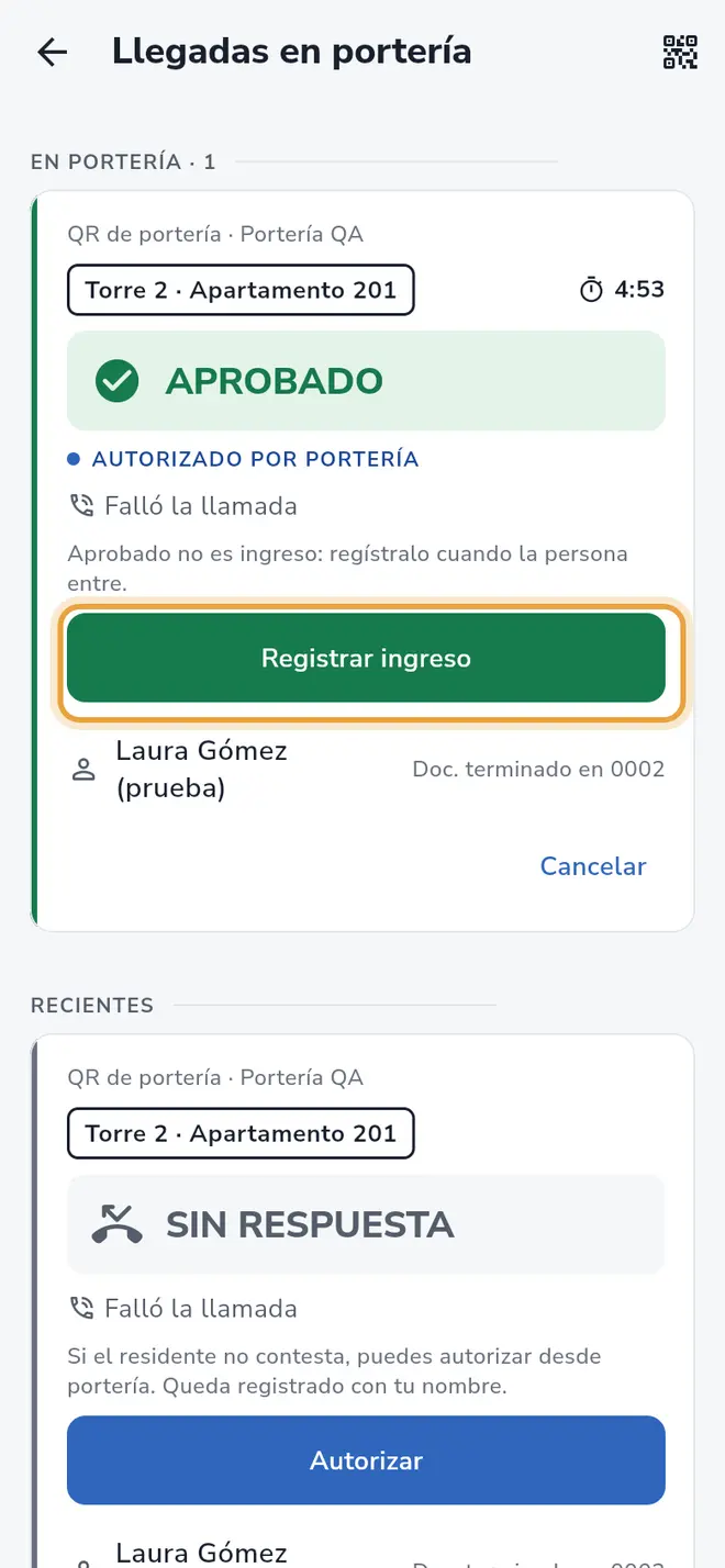 Pantalla Llegadas en portería: tarjeta en Aprobado con la cuenta regresiva y el botón verde Registrar ingreso señalado