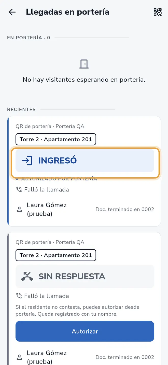 Tarjeta en Ingresó después de registrar el ingreso, con el resultado señalado
