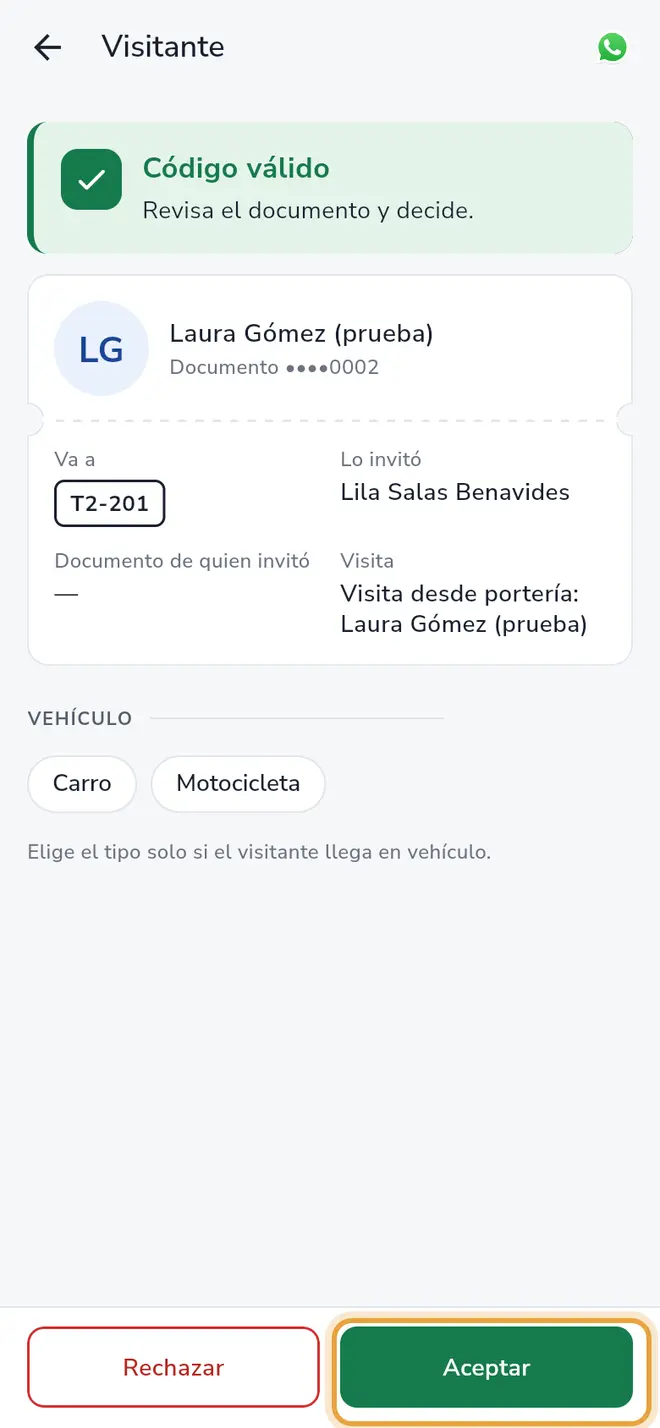 Pantalla Visitante de una llegada por portería, con el botón Aceptar señalado