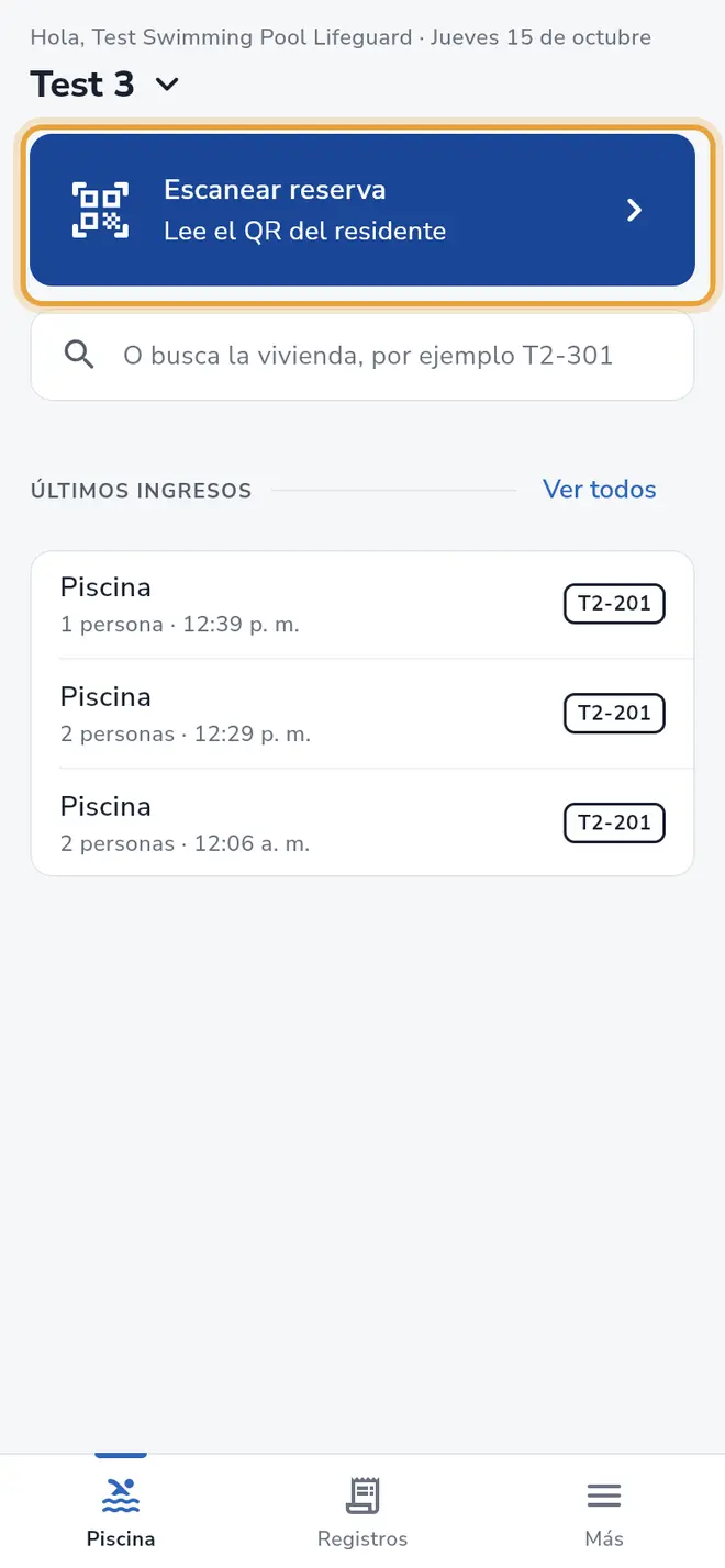 Pestaña Piscina: el botón Escanear reserva está señalado