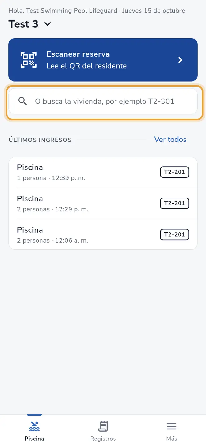 Pestaña Piscina: la tarjeta de búsqueda de vivienda está señalada