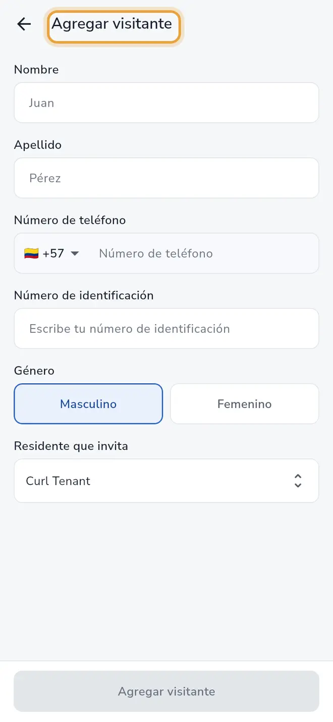 Pantalla Agregar visitante: el título del formulario está señalado