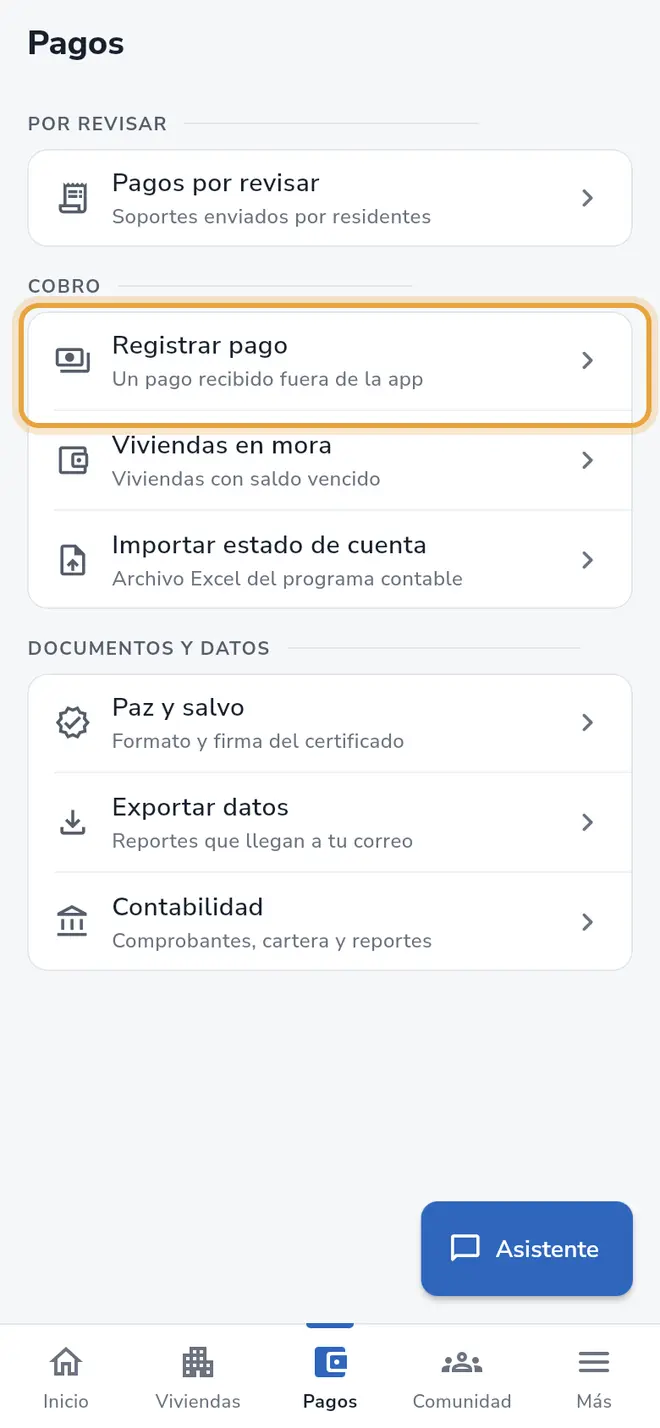 Pantalla Pagos: en el grupo Cobro, la fila Registrar pago está señalada