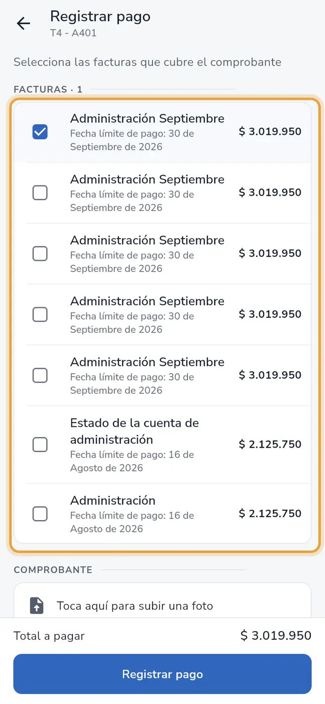 Pantalla Registrar pago: las facturas pendientes de la vivienda, una de ellas marcada, y el Total a pagar abajo