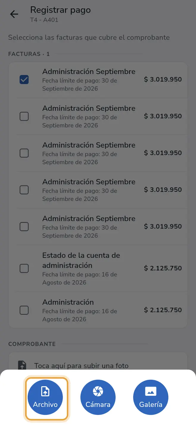 Hoja para subir el comprobante: se señala la opción Archivo, junto a Cámara y Galería