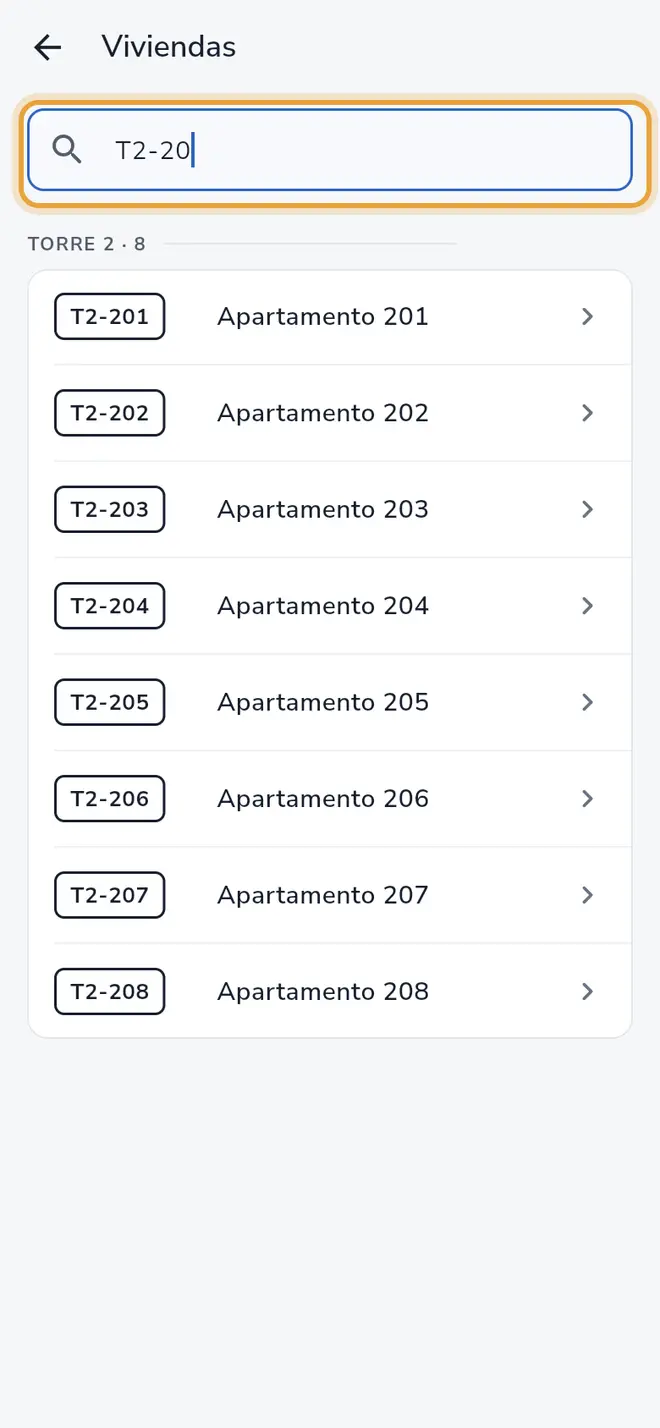 Lista Viviendas: el campo de búsqueda está señalado