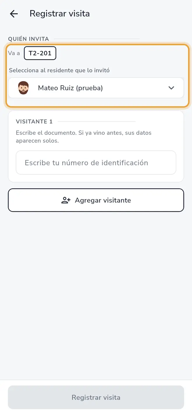 Pantalla Registrar visita: la sección Quién invita está señalada