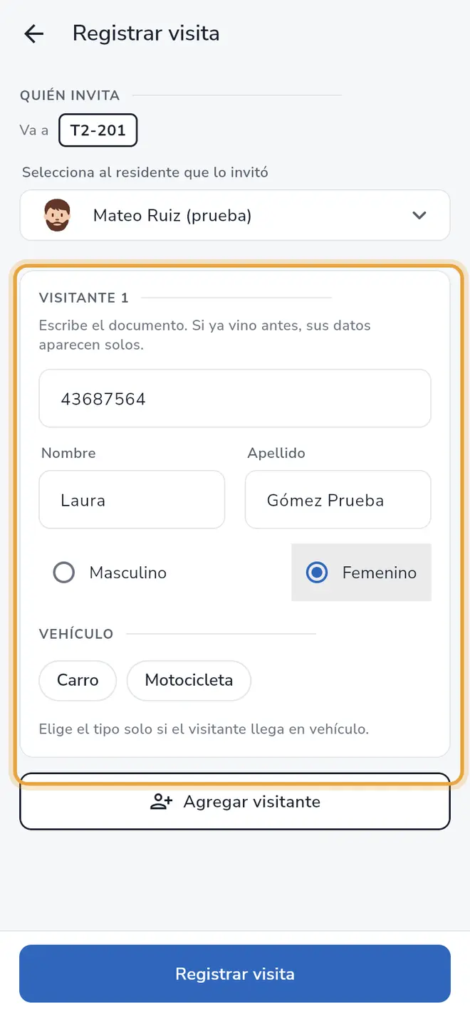 Tarjeta Visitante 1: documento escrito y campos Nombre y Apellido visibles