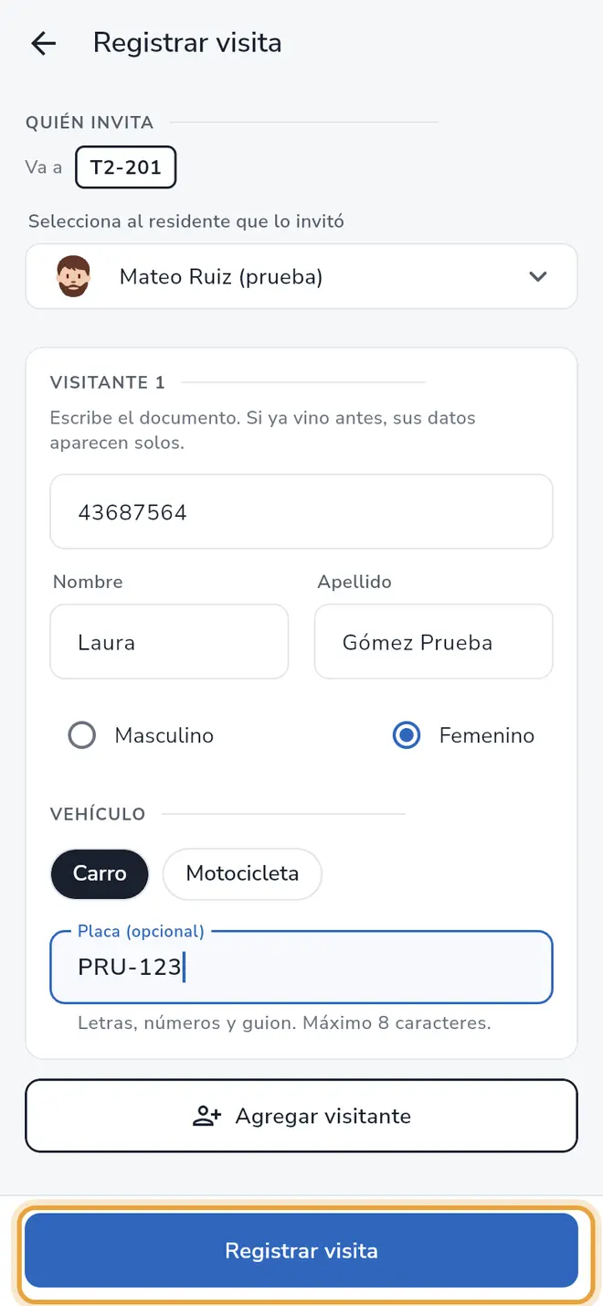 Pantalla Registrar visita: el botón Registrar visita está señalado