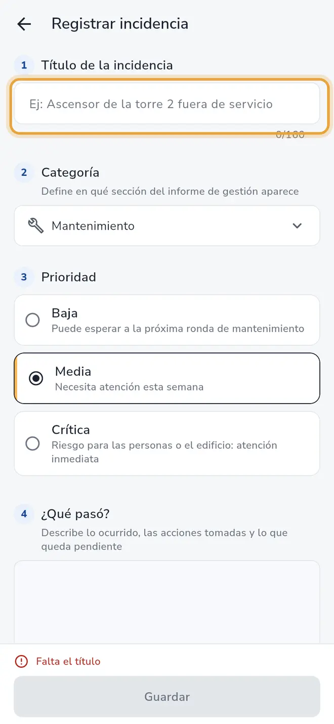 Formulario Registrar incidencia: el campo Título de la incidencia (paso 1) está señalado