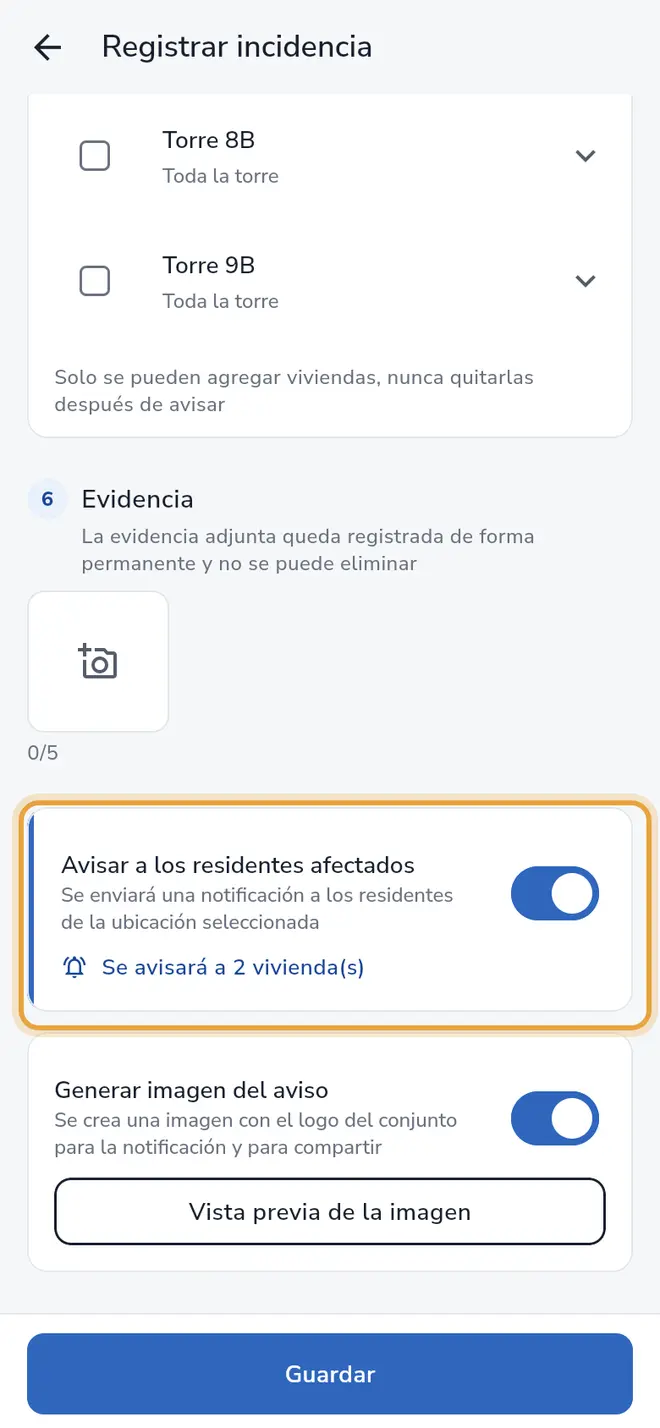 Formulario Registrar incidencia: el interruptor Avisar a los residentes afectados está encendido y señalado
