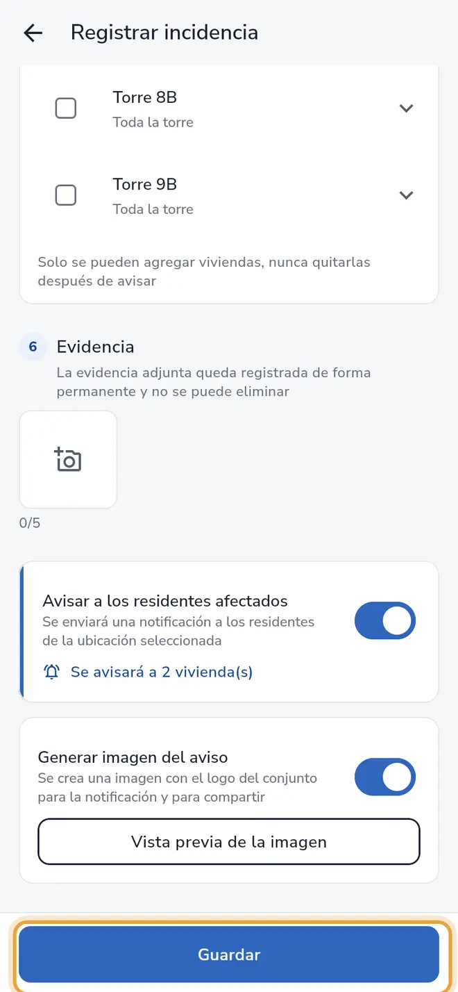 Formulario Registrar incidencia completo: el botón Guardar está señalado