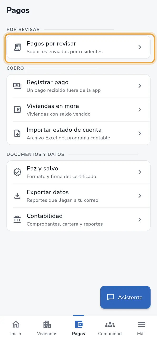 Pantalla Pagos: la fila Pagos por revisar, del grupo Por revisar, está señalada