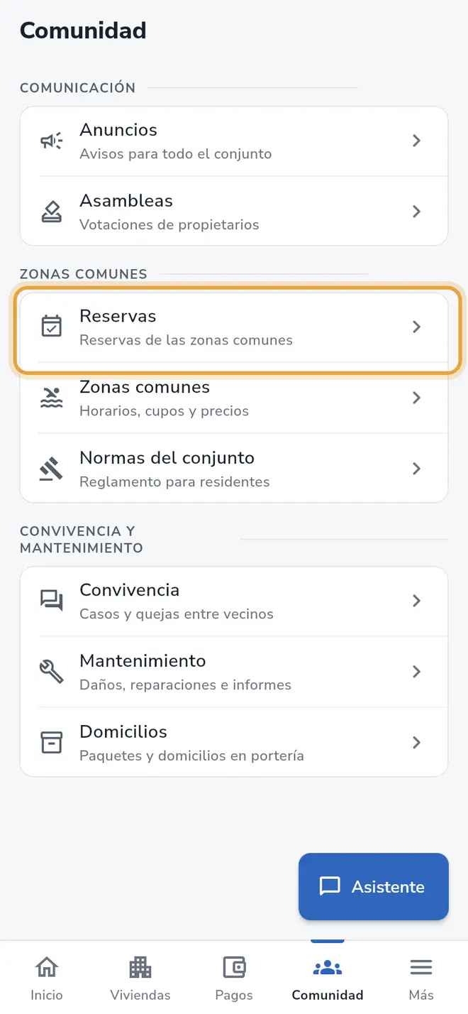 Pestaña Comunidad: la fila Reservas está señalada