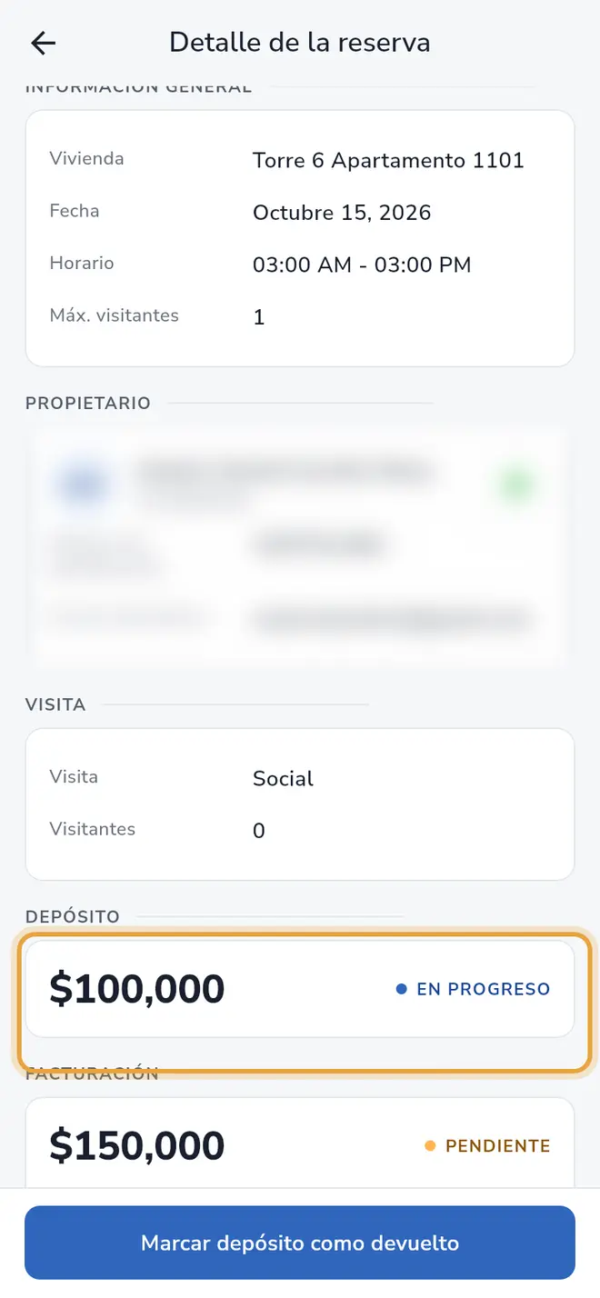 Detalle de la reserva: la tarjeta Depósito está señalada (los datos del propietario están difuminados)