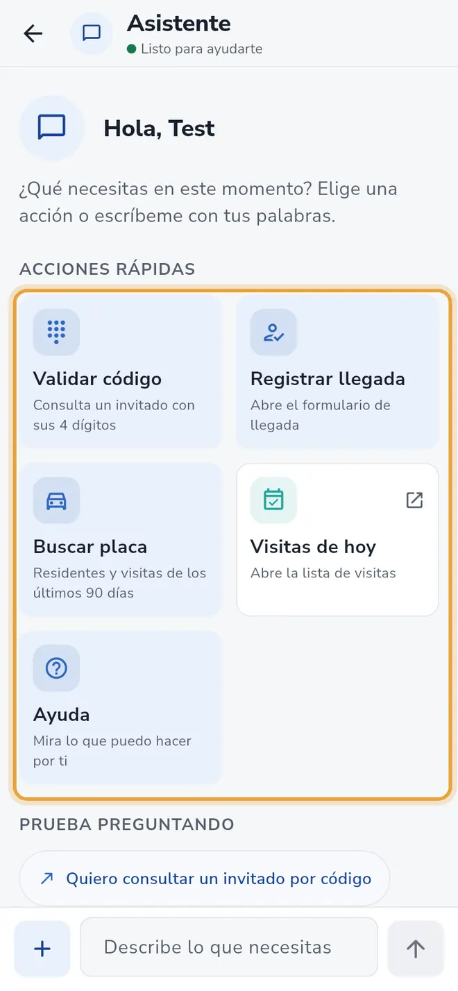 Pantalla Asistente: las Acciones rápidas están señaladas