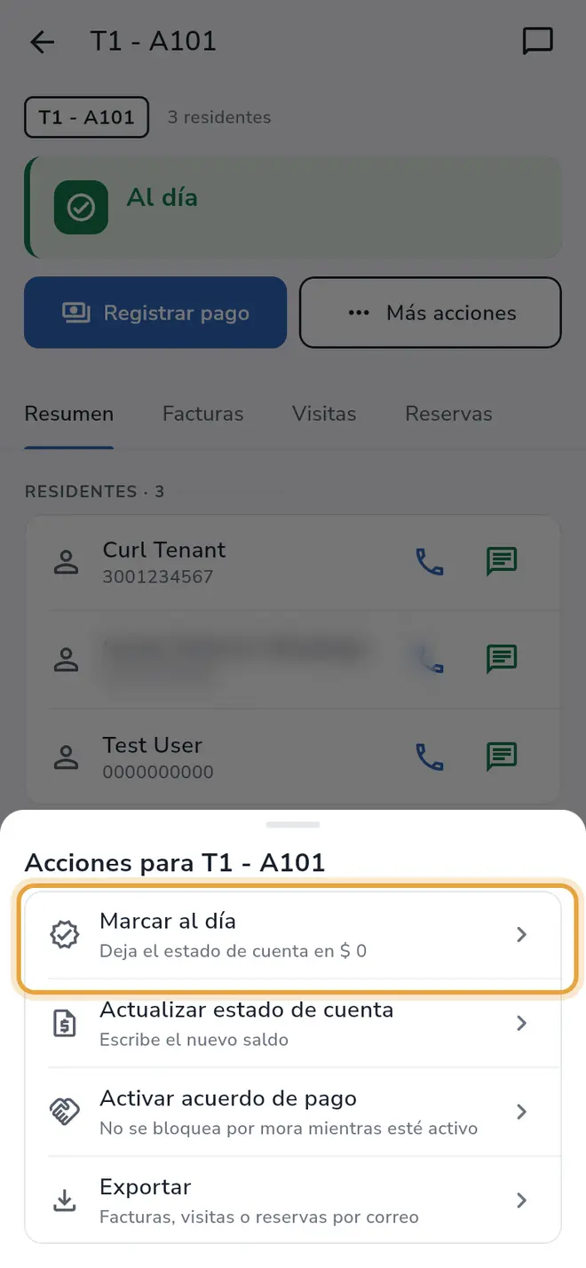 Hoja Acciones para la vivienda: la opción Marcar al día está señalada, junto a las otras tres opciones