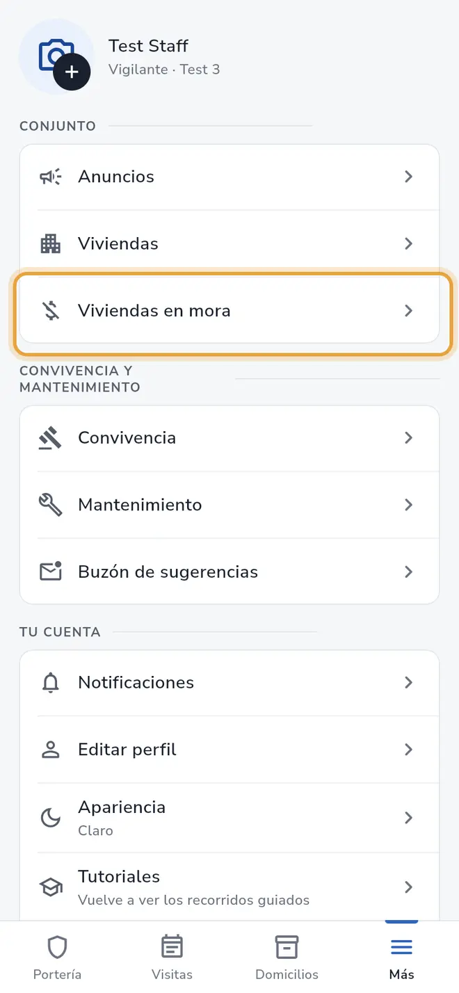 Pestaña Más: la opción Viviendas en mora está señalada