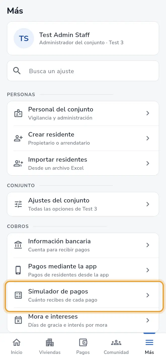 Pantalla Más: en el grupo Cobros, la fila Simulador de pagos está señalada