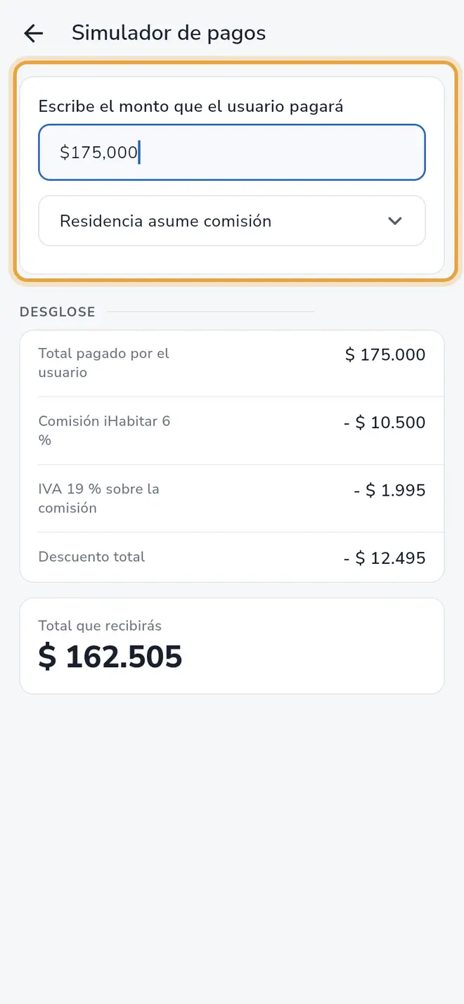 Pantalla Simulador de pagos: el campo del monto con 175.000 y la lista desplegable están señalados