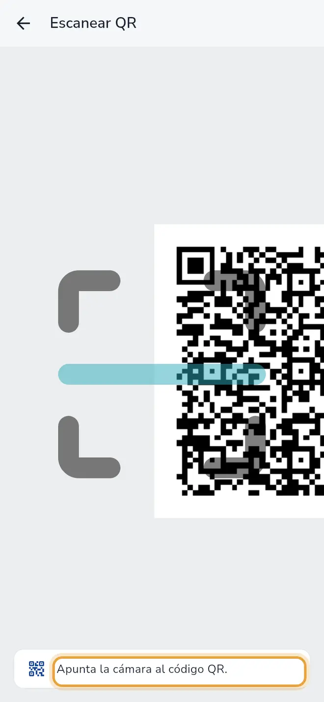 Pantalla Escanear QR: la cámara apunta a un QR y debajo dice Apunta la cámara al código QR