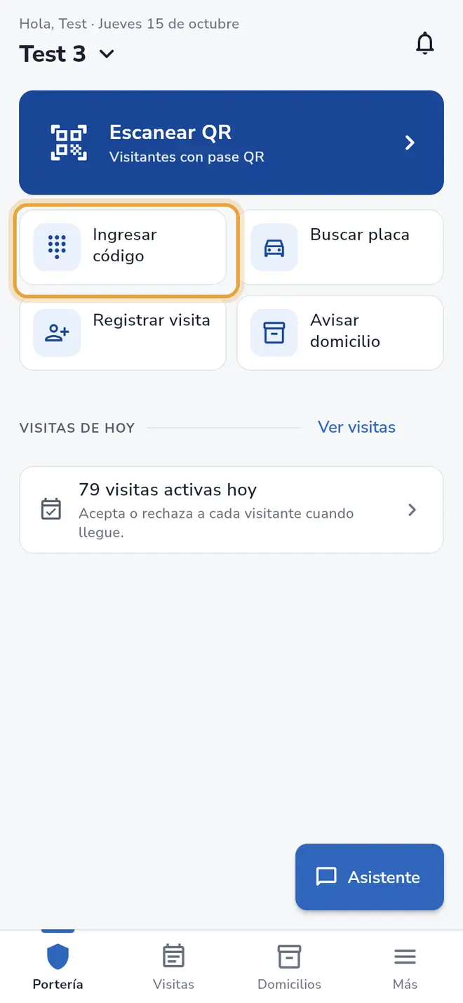 Pantalla Portería: el botón Ingresar código está señalado