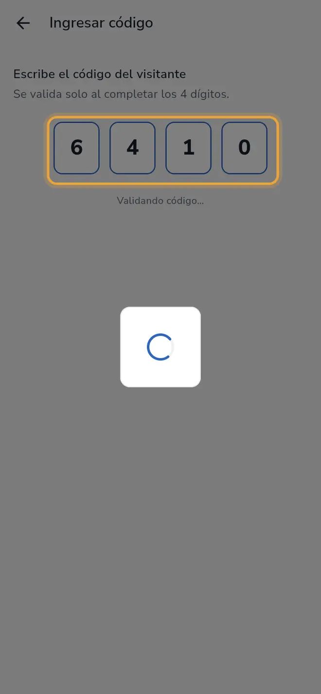 Pantalla Ingresar código: las 4 casillas con el código escrito y el mensaje Validando código