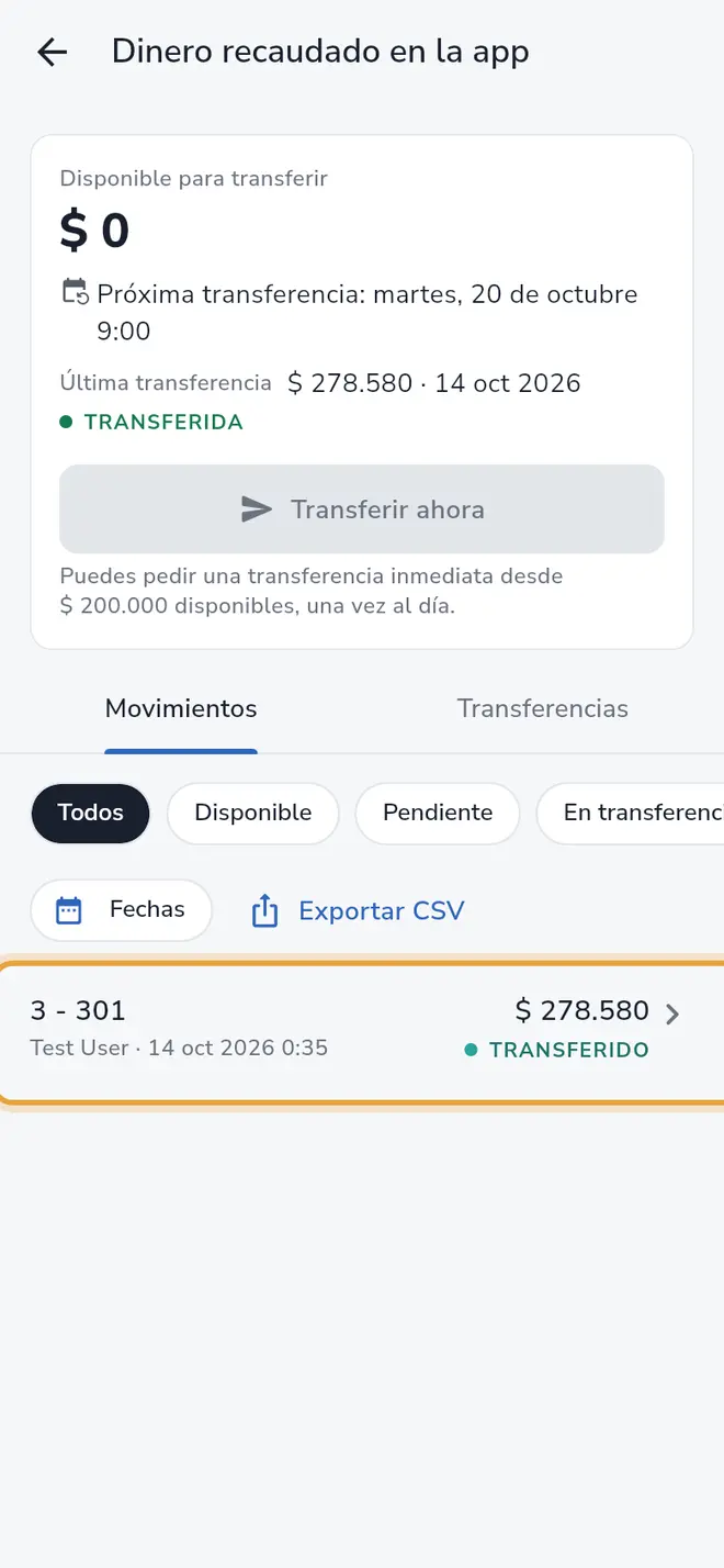 Pestaña Movimientos: un pago de la lista está señalado