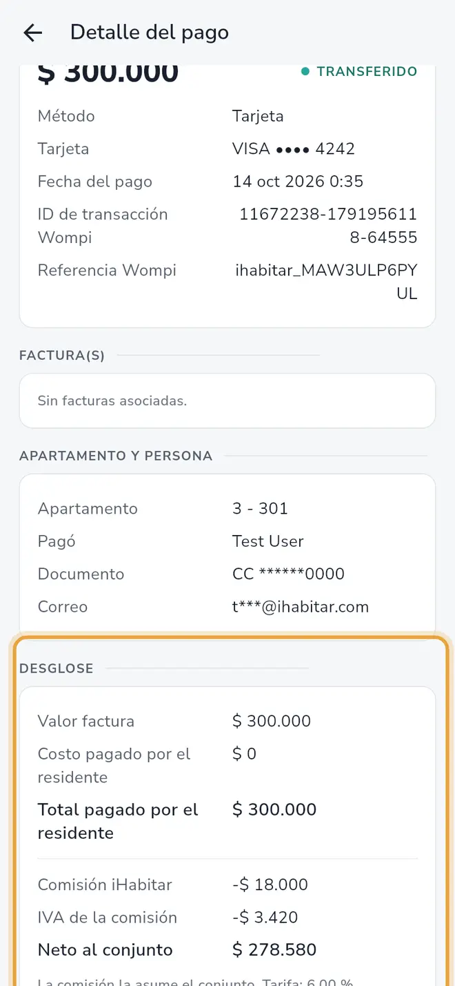 Pantalla Detalle del pago: la sección Desglose está señalada