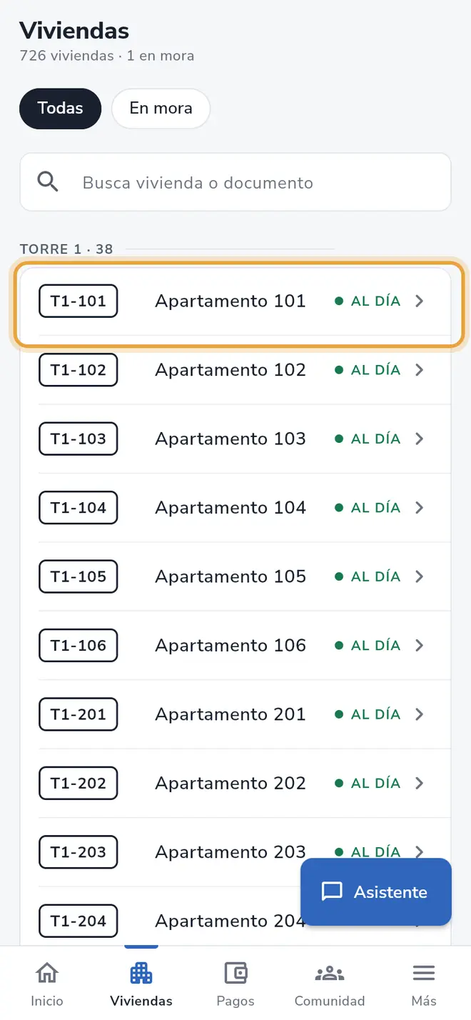Pantalla Viviendas: una vivienda de la lista está señalada
