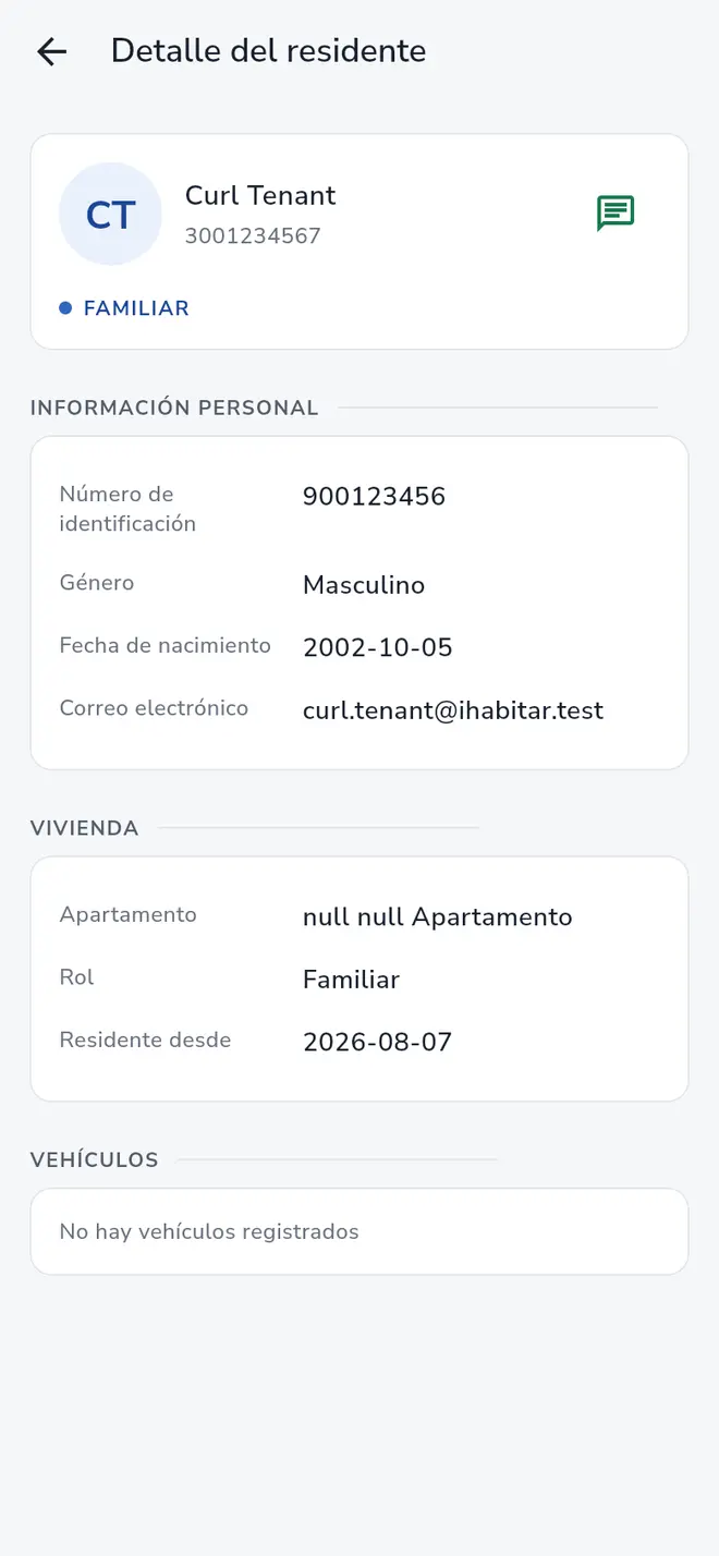 Pantalla Detalle del residente con su información personal, vivienda y vehículos