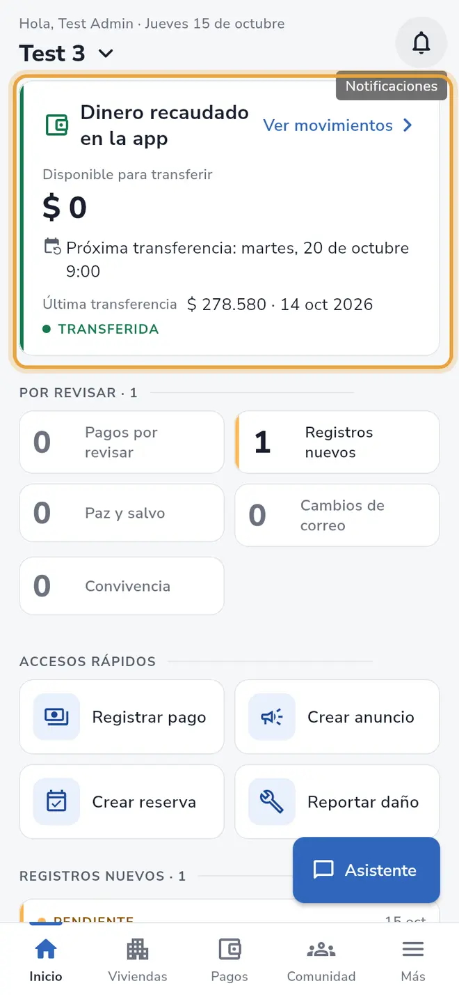Pantalla Inicio: la tarjeta Dinero recaudado en la app está señalada