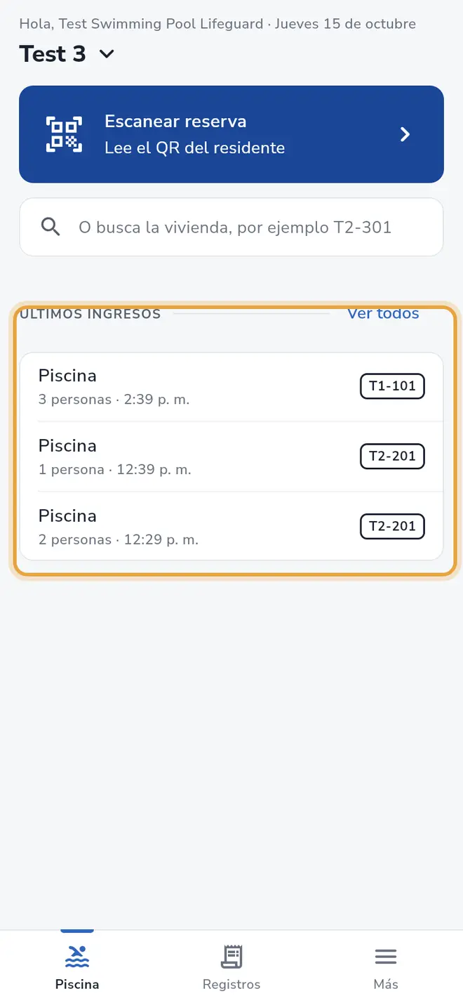 Pestaña Piscina: la sección Últimos ingresos está señalada